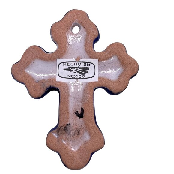 Mexico Talavera Ceramic Hanging Wall Ornament Holy Cross Mini Blue Crucifix Art - Picture 2 of 9